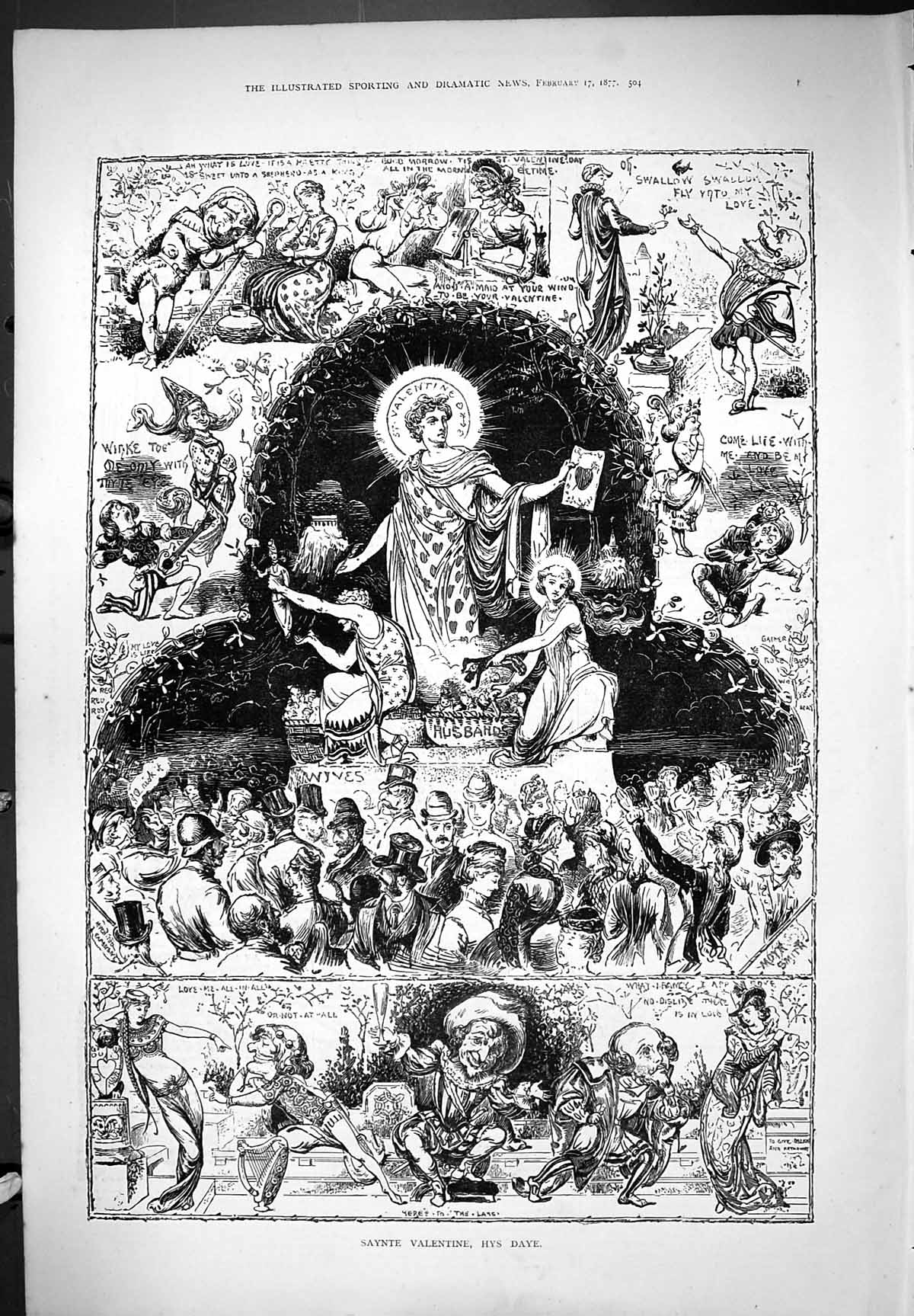 Original Old Antique Print Saynte Valentine Hys Daye Romance 1877 Victorian