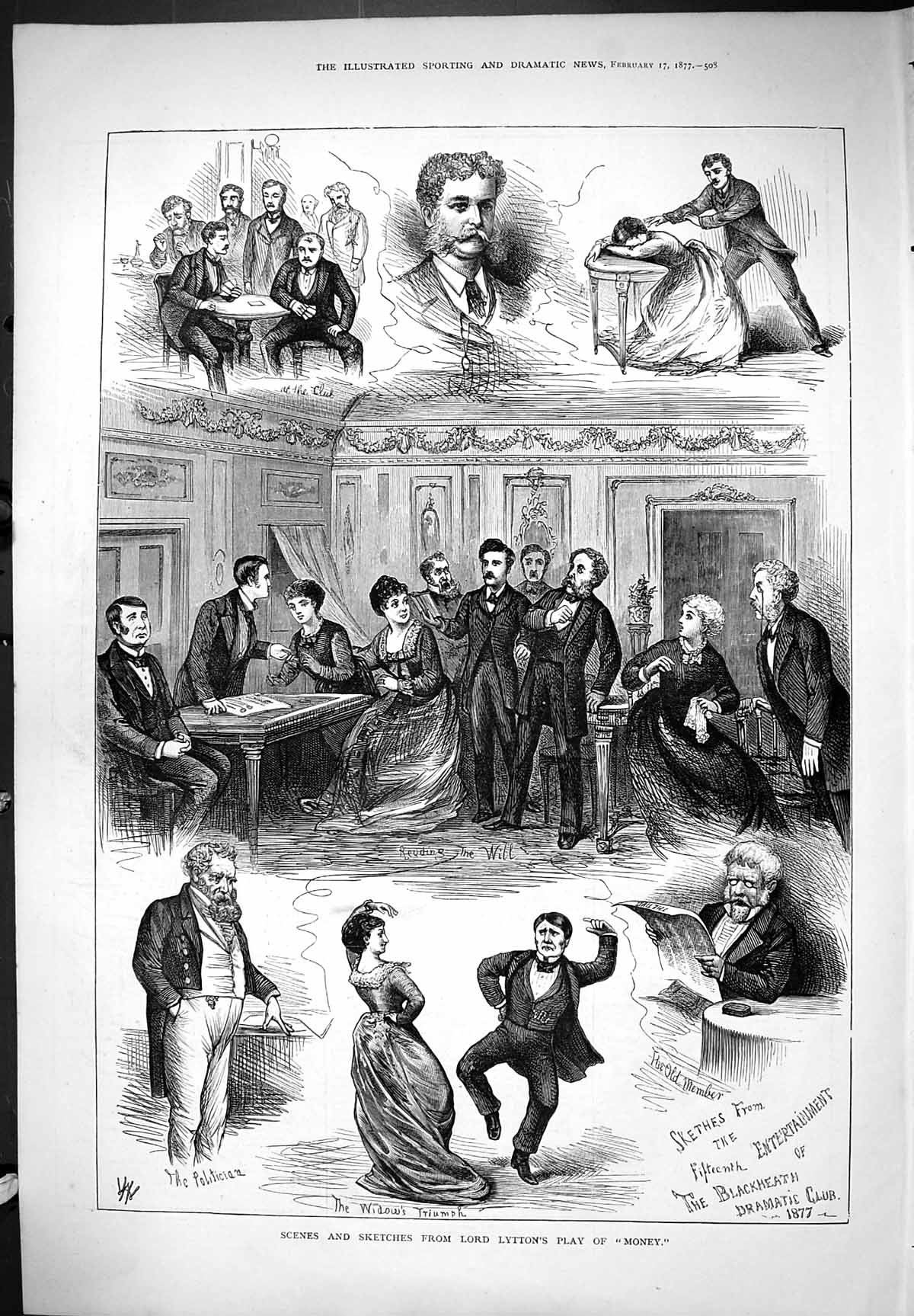 Old Print Lord Lytton Money Play Scenes Sketches Blackheath Dramatic 1877 19th