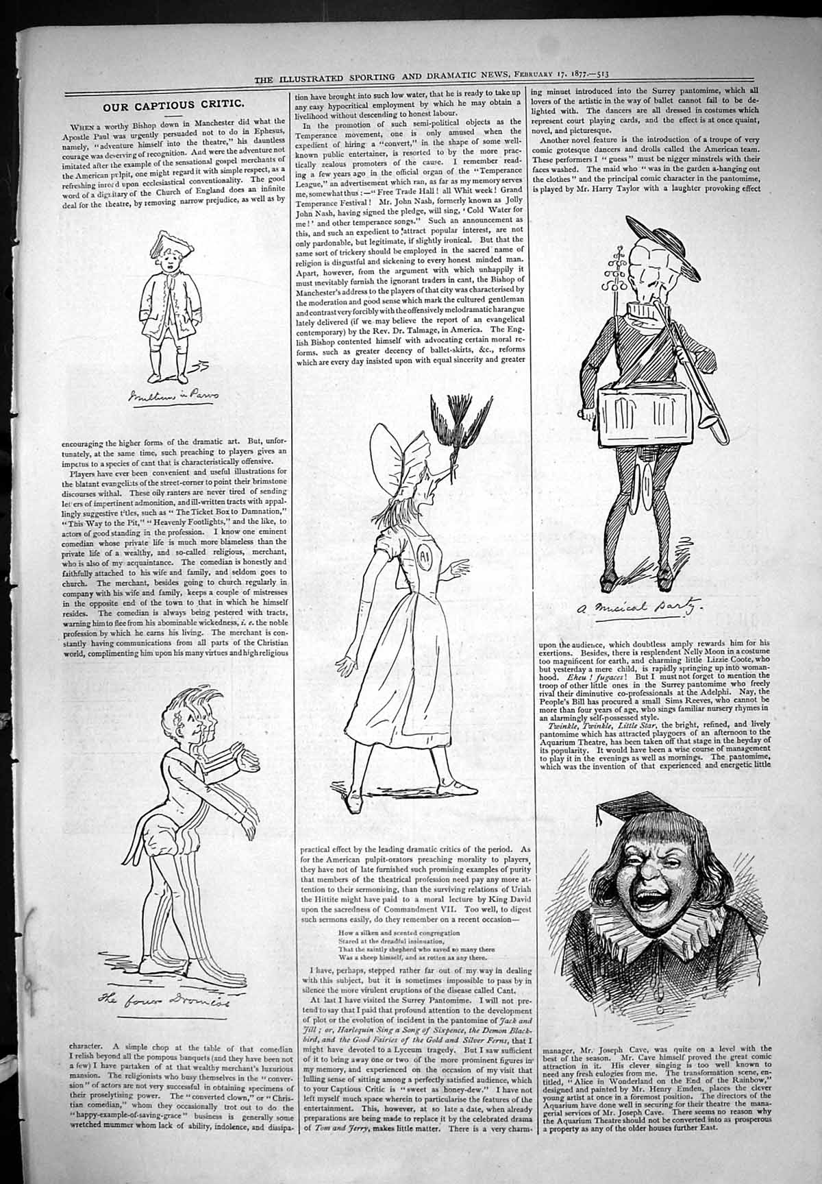 Old Antique Print Theatre Captious Critic 1877 Musical Party Apostle Paul 19th