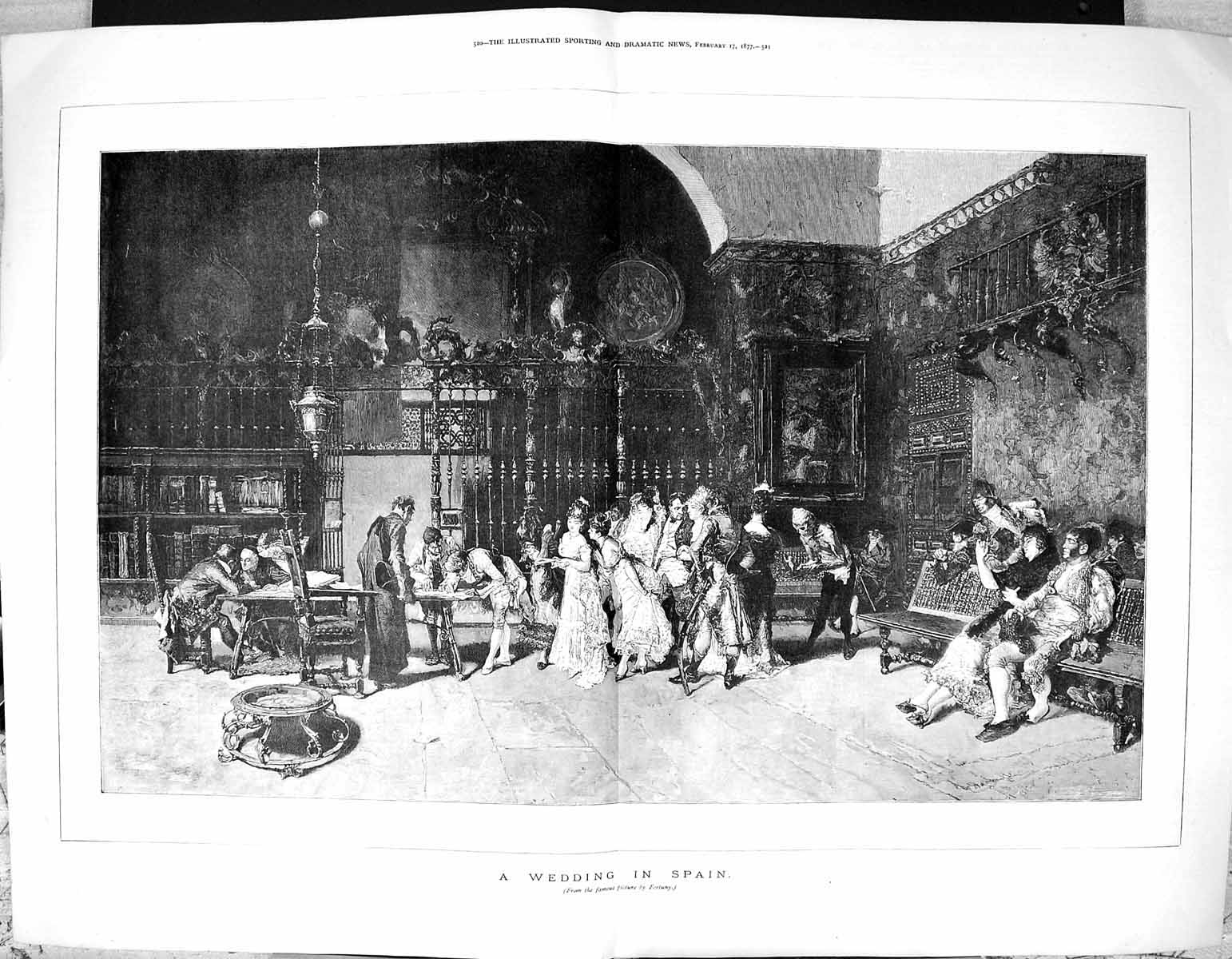 Original Old Antique Print Wedding In Spain Indoor Scene 1877 Fortuny Picture