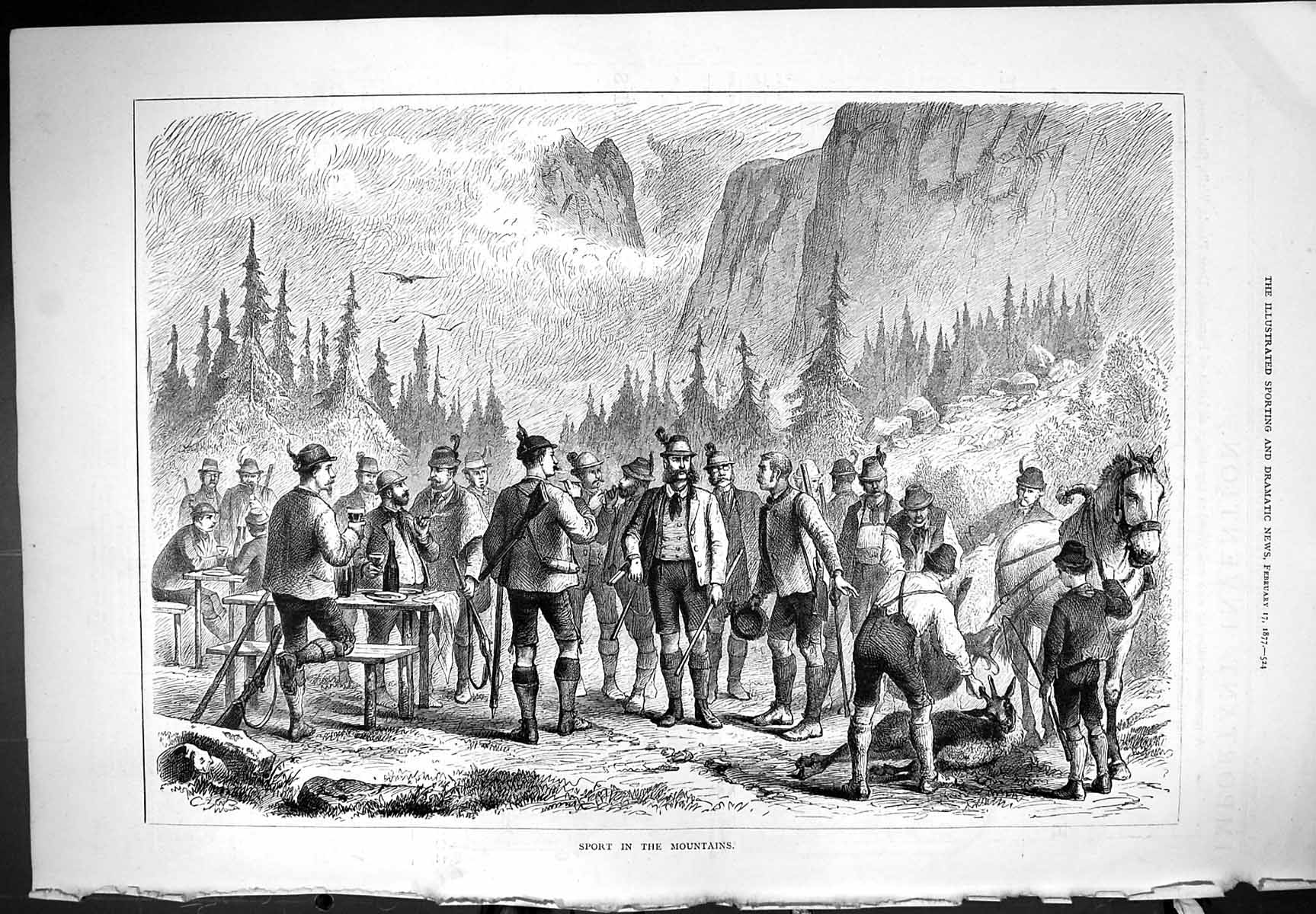 Original Old Antique Print 1877 Sport In The Mountains Hunting Group Men 19th