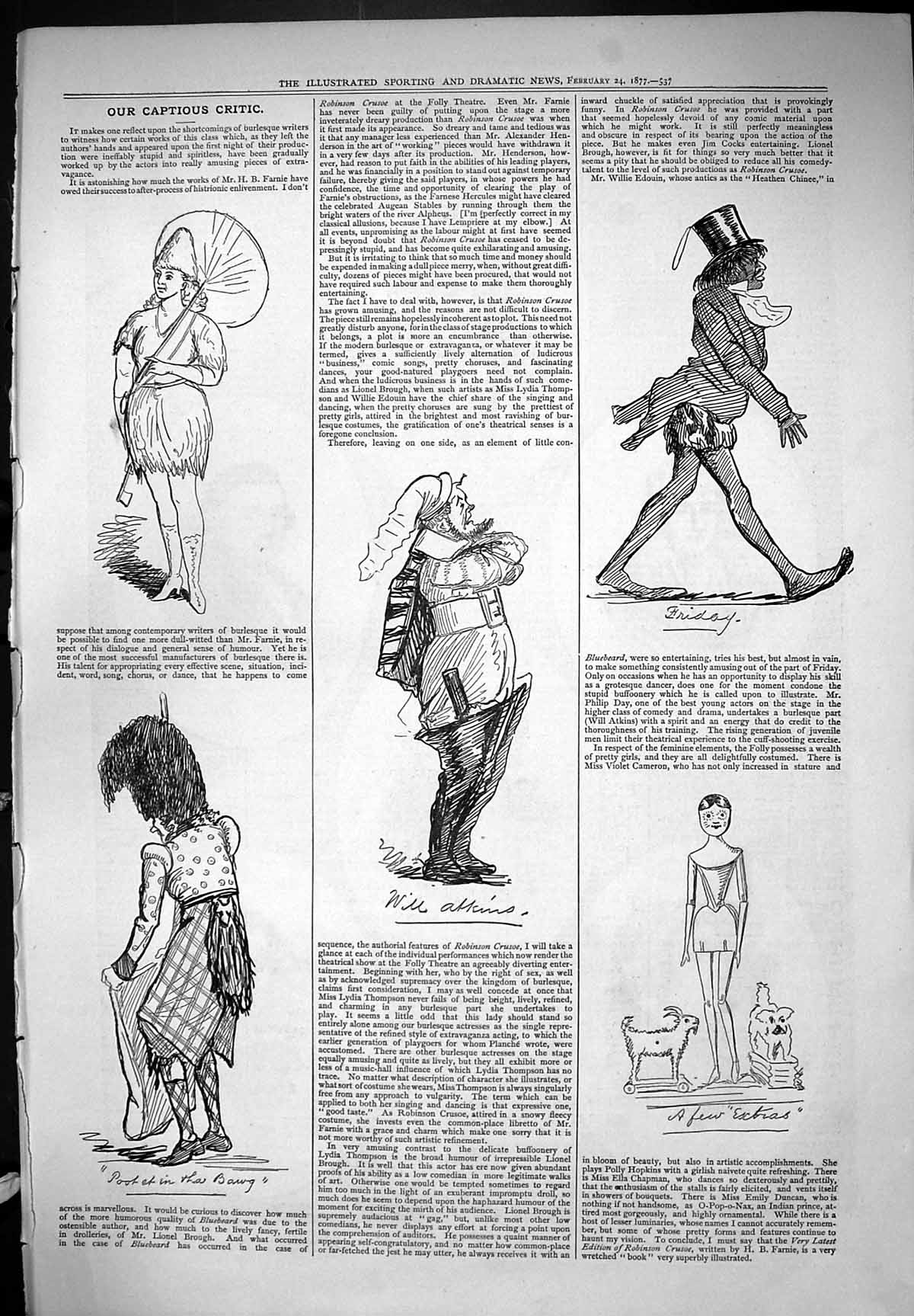 Old Print Captious Critic 1877 Theatre Will Atkins Farnie Robinson Crusoe 19th