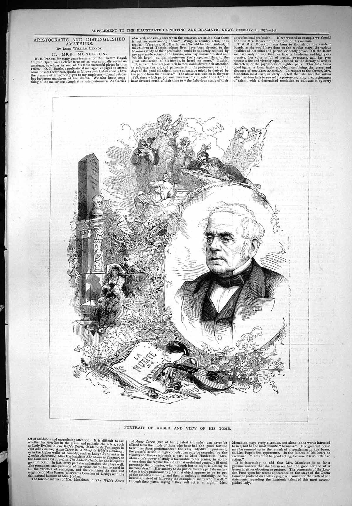 Original Old Antique Print Auber Portrait And Tomb View 1877 19th