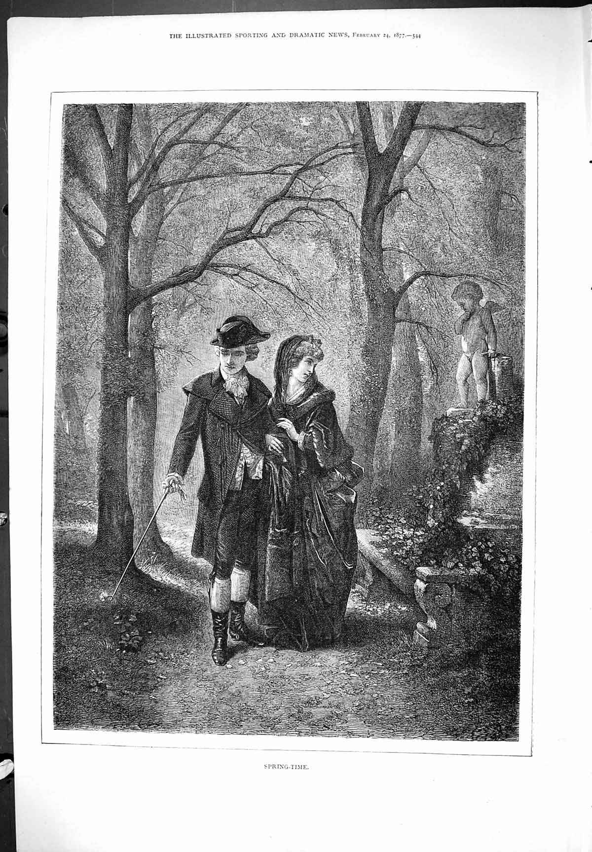 Original Old Antique Print Spring Time Romance Outdoor Scene Man Woman