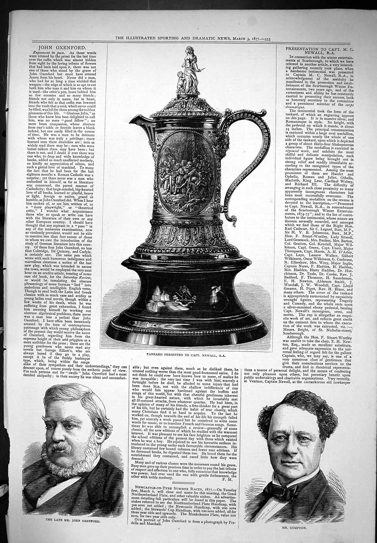Antique Old Print Tankard Presented Newall Late John Oxenford Compton 1877 19th