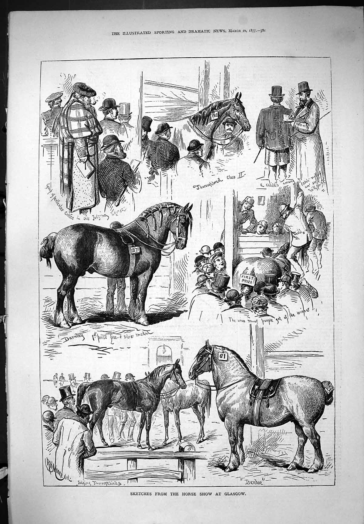 Old Antique Print 1877 Glasgow Horse Show Sketches Darnley Ioanhoe Moore 19th