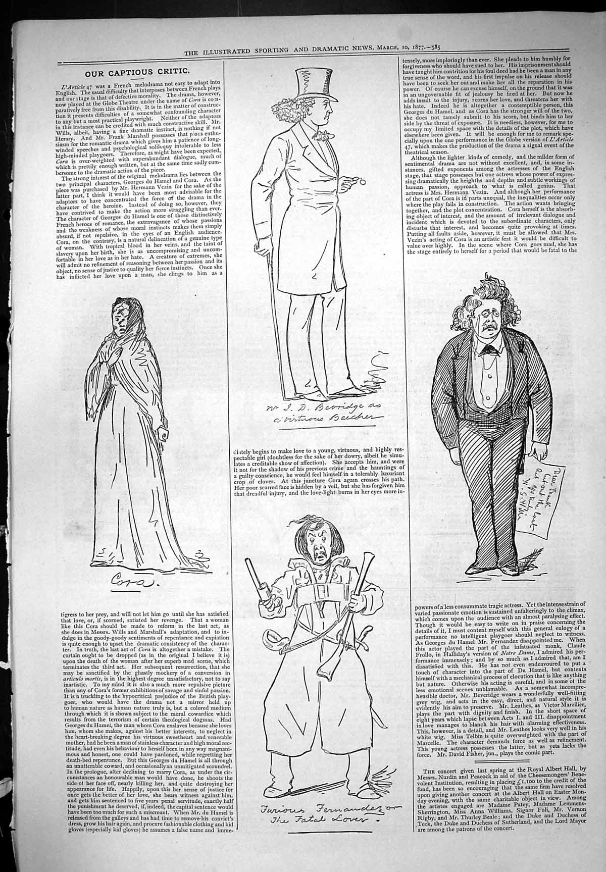 Old 1877 Captious Critic Theatre Cora Fatal Lover Fernandez Beveridge Victorian