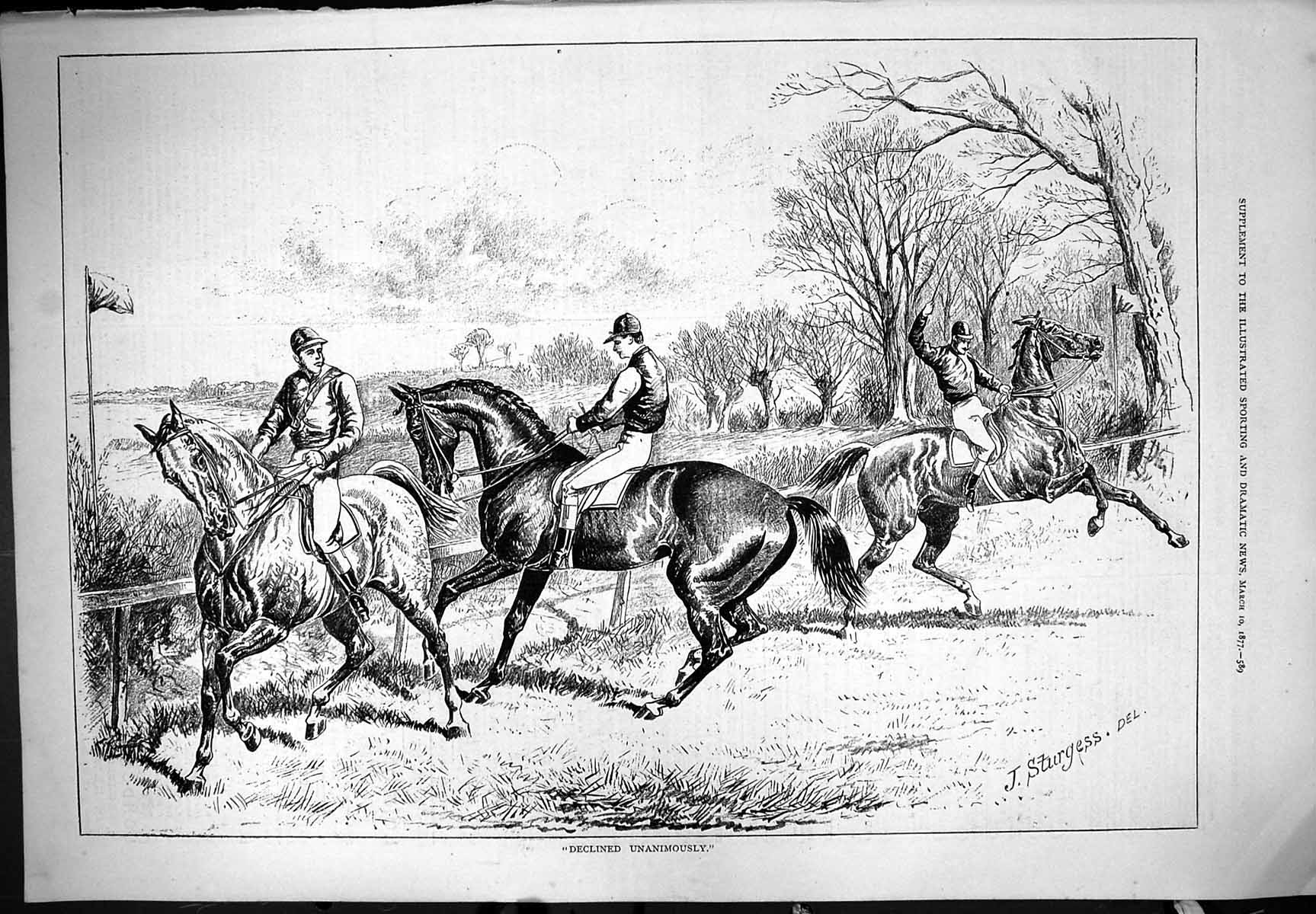 Old Antique Print 1877 Declined Unanimously Horses Racing Sport Sturgess 19th