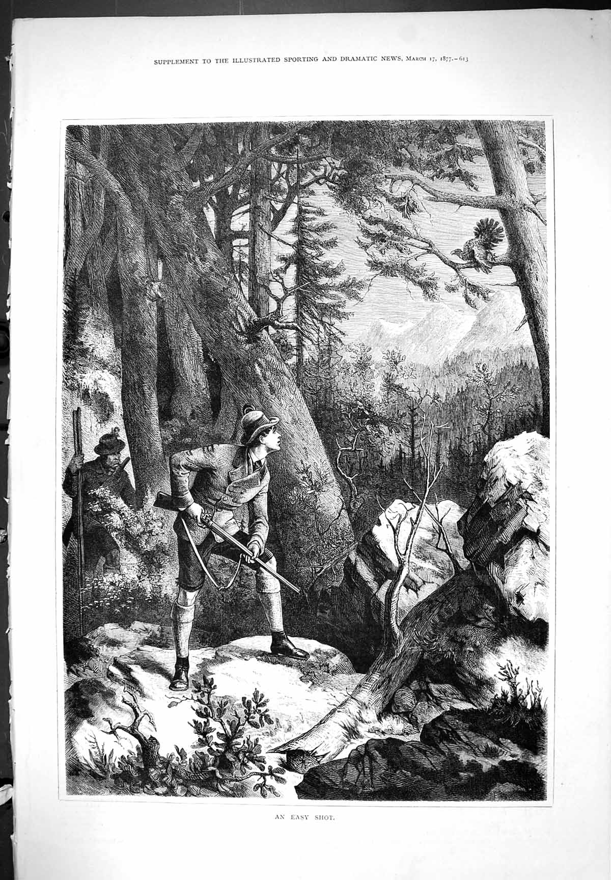 Original Old Antique Print 1877 An Easy Shot Hunting Sport Bird Outdoor Scene