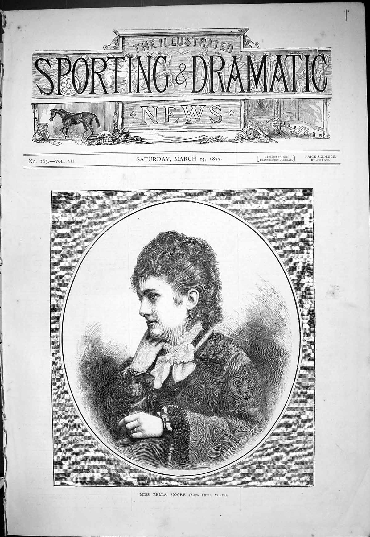 Antique Print 1877 Portrait Miss Bella Moore Mrs Fred Vokes Beautiful Woman