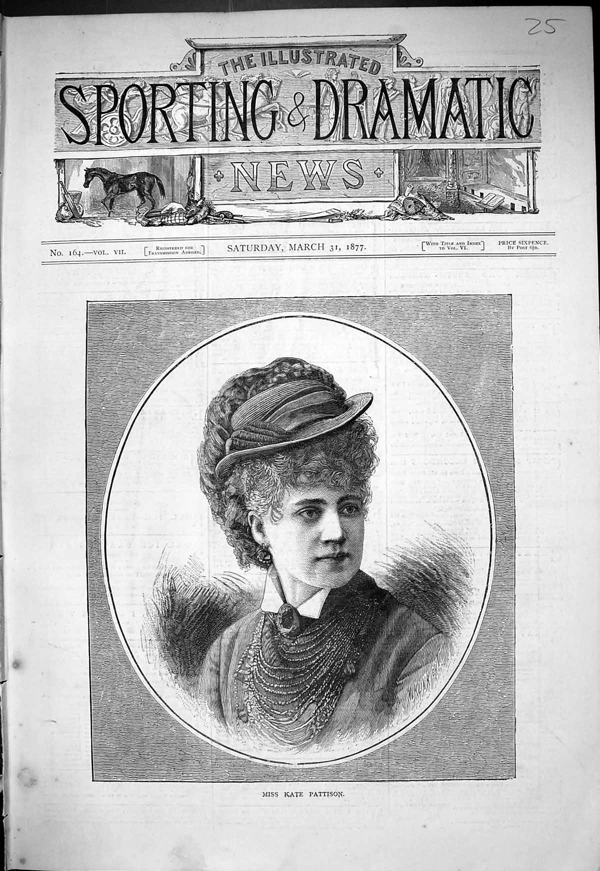 Original Old Antique Print 1877 Portrait Miss Kate Pattison Beautiful Woman