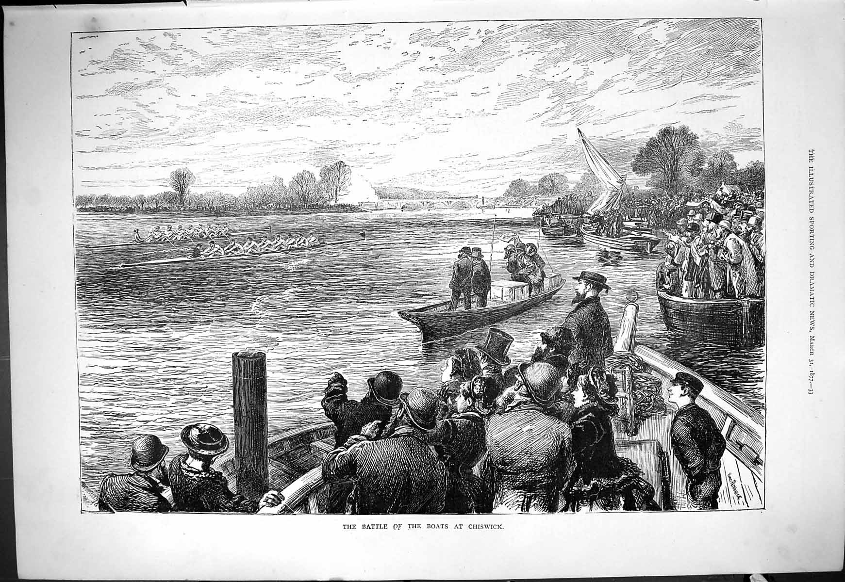 Original Old Antique Print 1877 Battle Boats Chiswick Sport Race River 19th