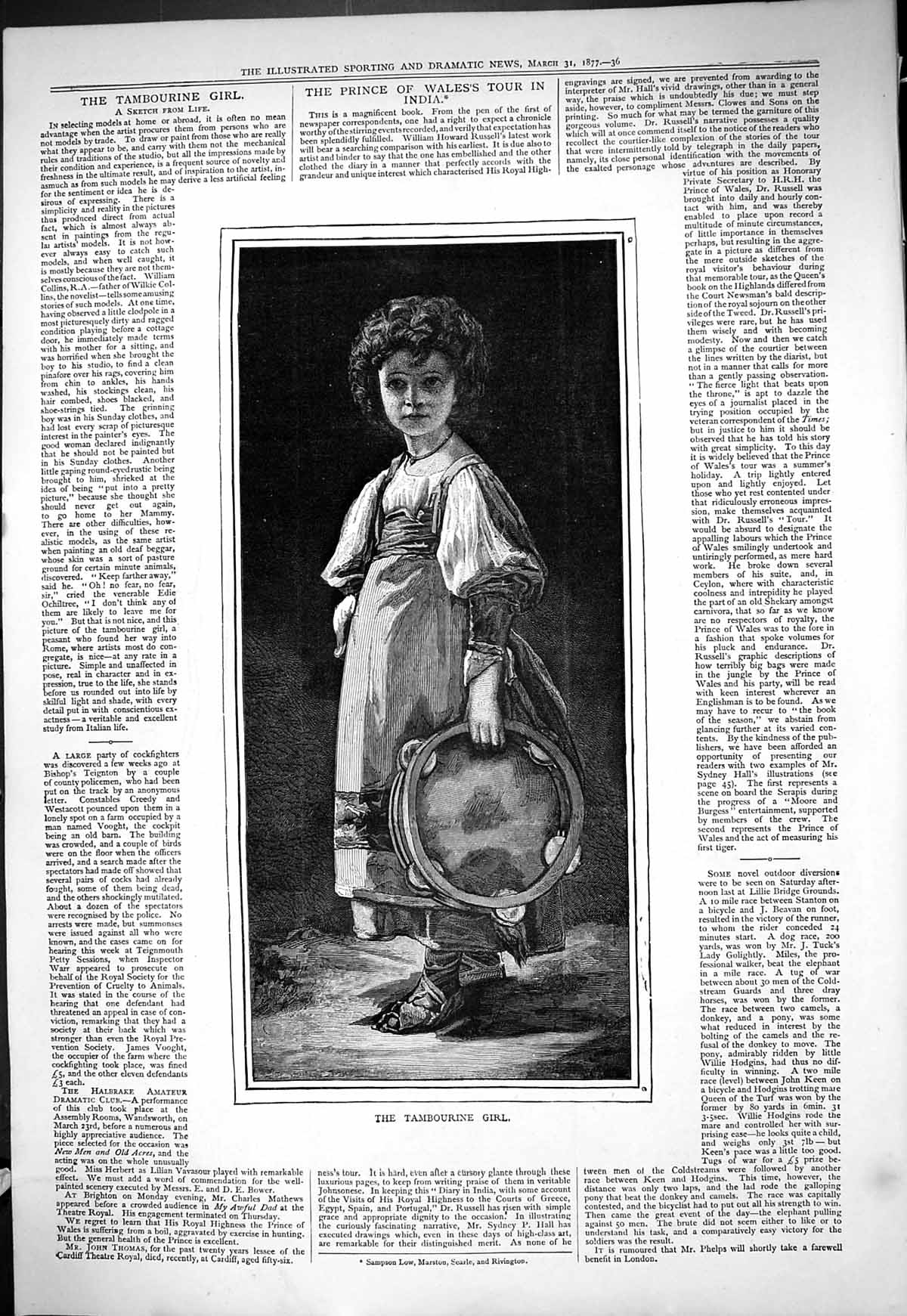 Original Old Antique Print 1877 Portrait Beautiful Tambourine Girl Victorian