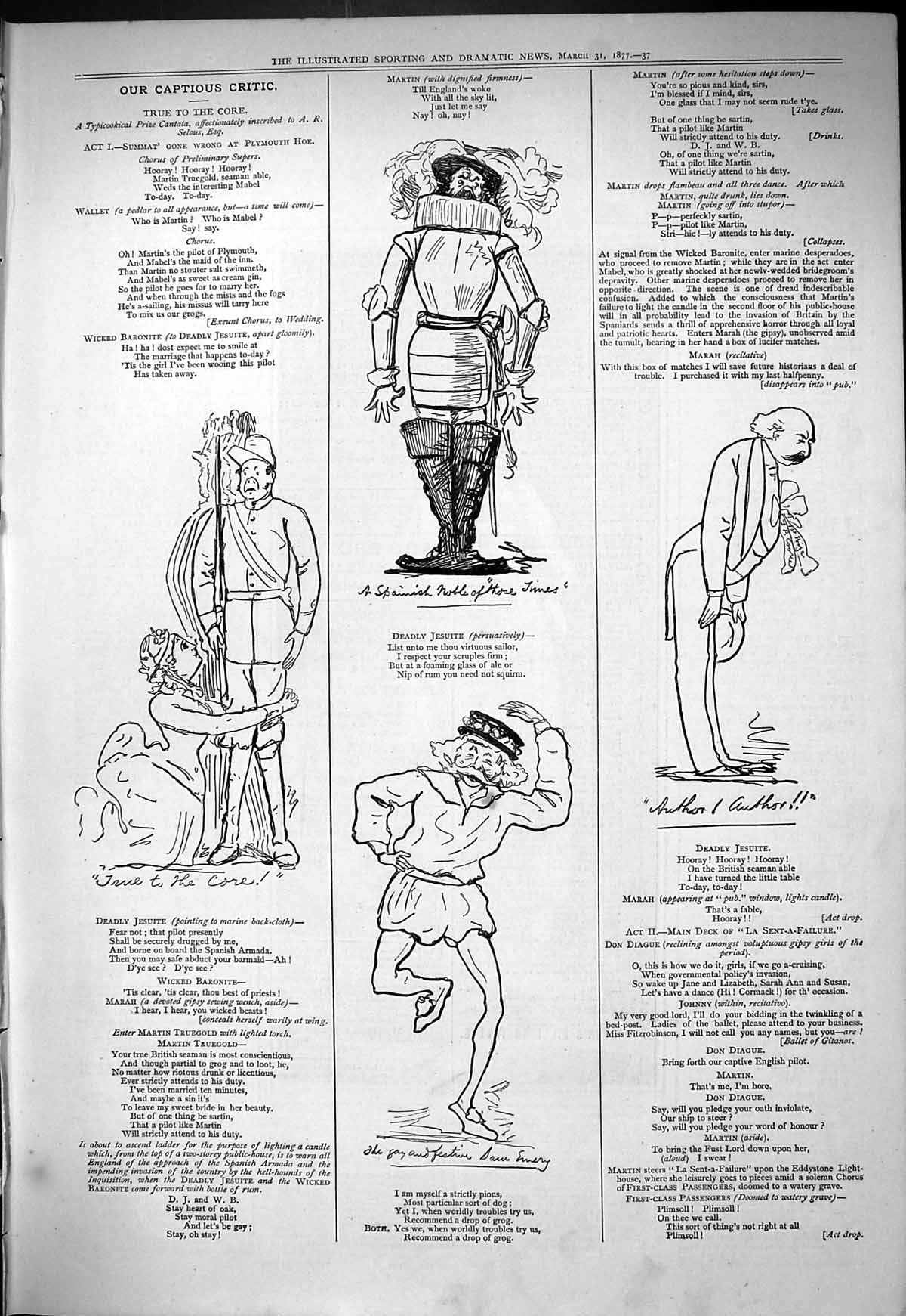 Original Old Antique Print 1877 Captious Critic Theatre True Core Spanish Noble