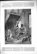 Original Old Antique Print 1877 Rest Man Lady Fireplace Romance Cat Victorian