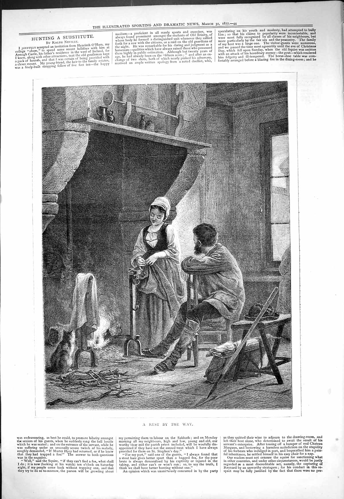 Original Old Antique Print 1877 Rest Man Lady Fireplace Romance Cat Victorian