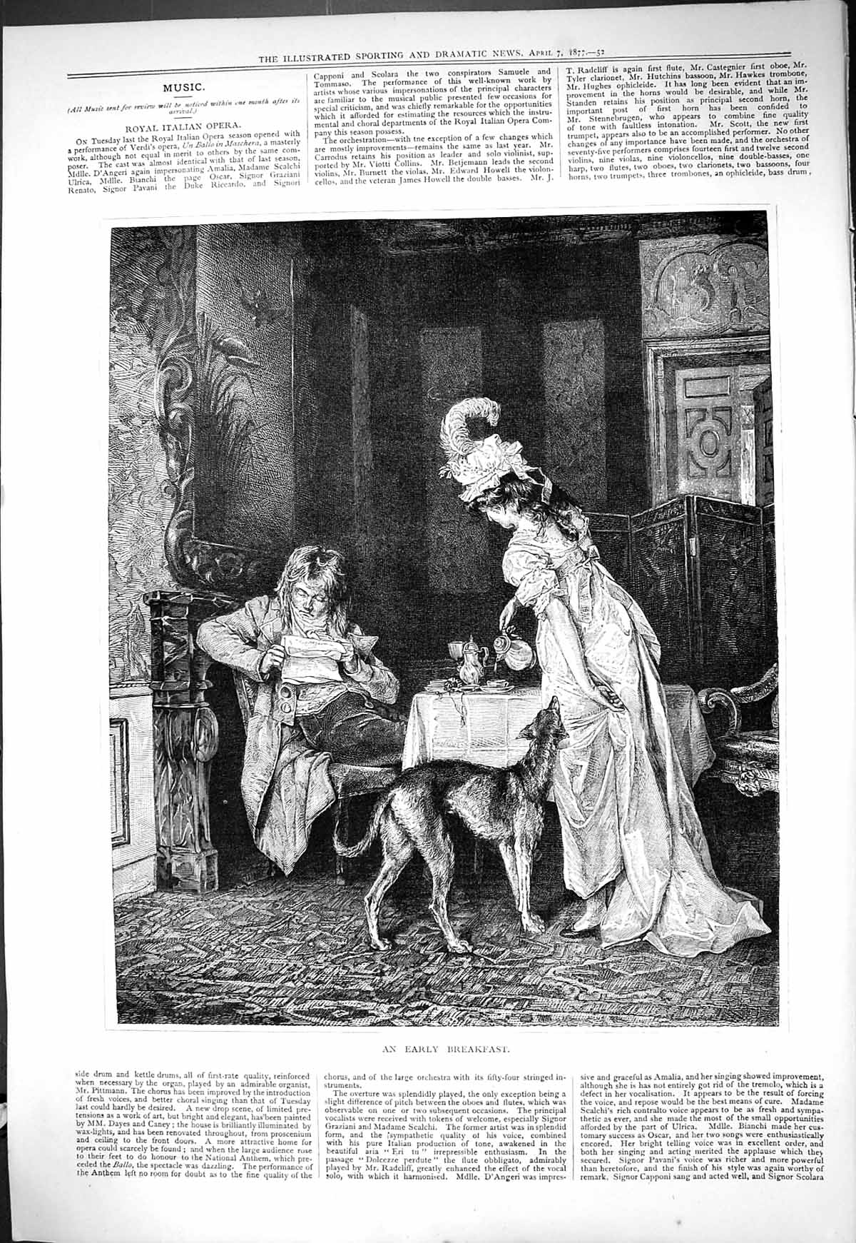 Original Old Antique Print 1877 Early Breakfast Man Lady Dinner Table Hound Dog