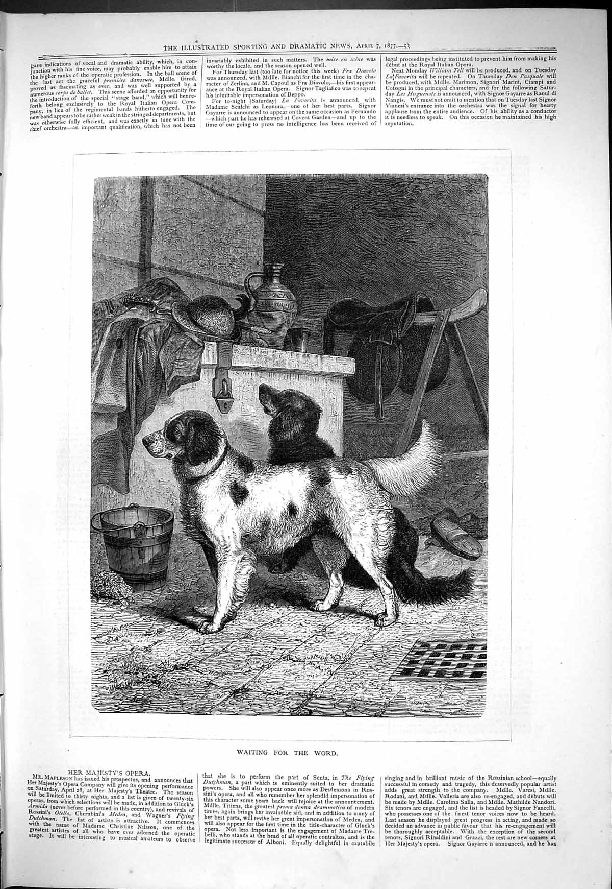 Original Old Antique Print 1877 Waiting For Word Hunting Dogs Kennel Scene 19th