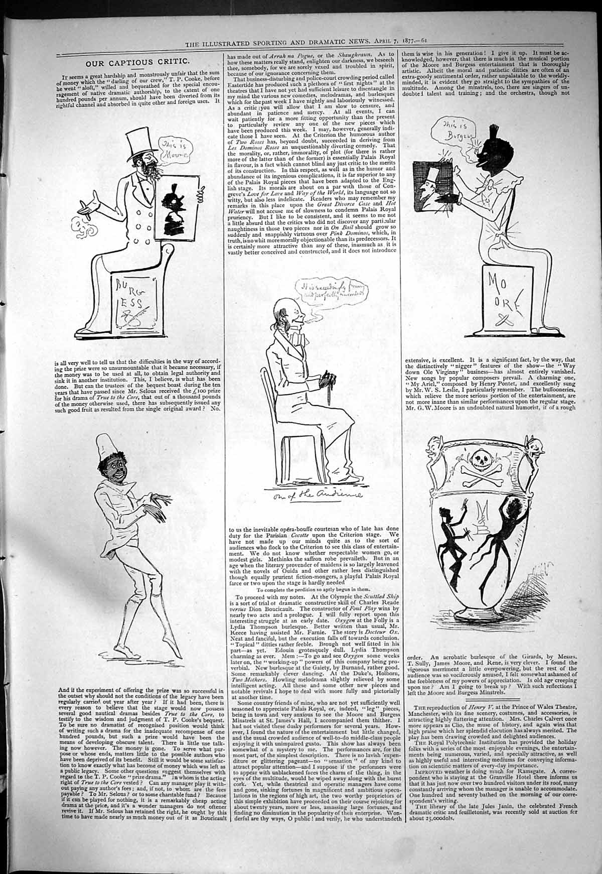 Original Old Antique Print 1877 Captious Critic Theatre Burgess Cooke Victorian