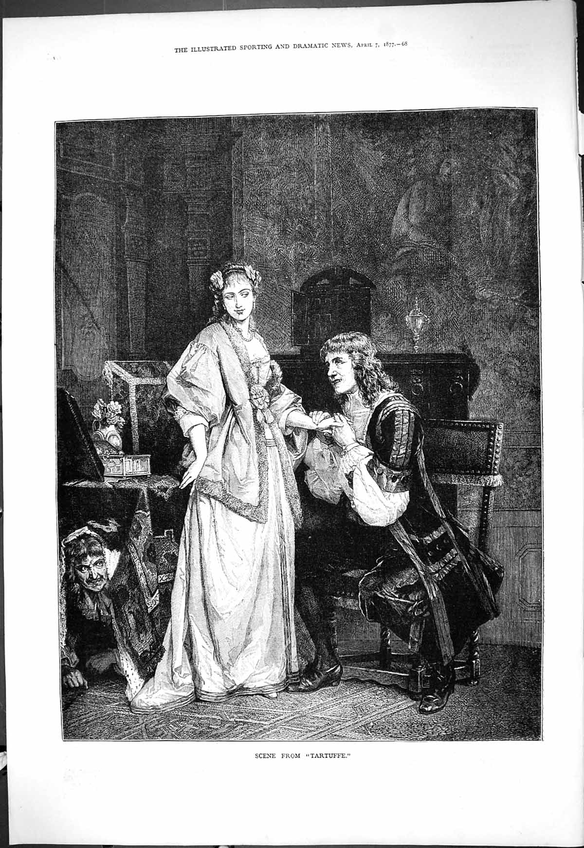 Original Old Antique Print 1877 Scene Tartuffee Theatre Man Lady Romance 19th