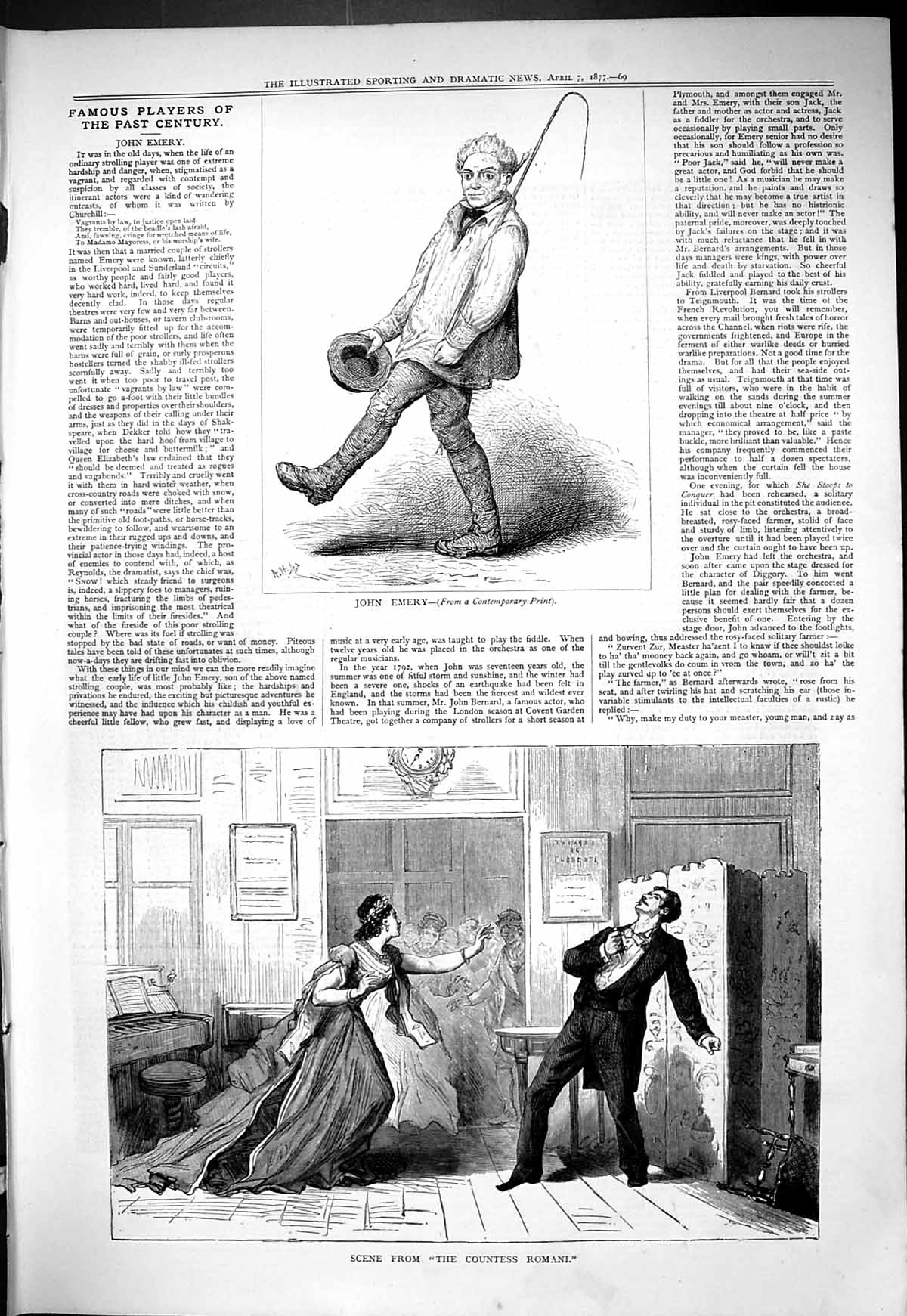 Original Old Antique Print 1877 Portrait John Emery Scene Countess Romani 19th
