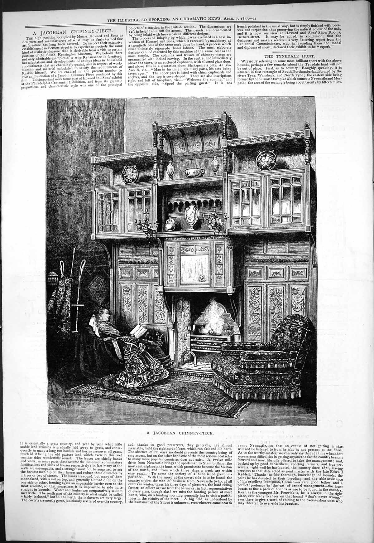Old Antique Print 1877 Jacobean Chimney Piece Howard Lady Sleeping Chair 19th