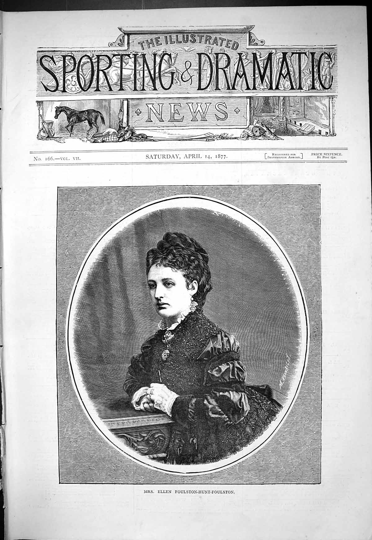 Old Print 1877 Portrait Mrs Ellen Foulston-Hunt-Foulston Beautiful Woman 19th