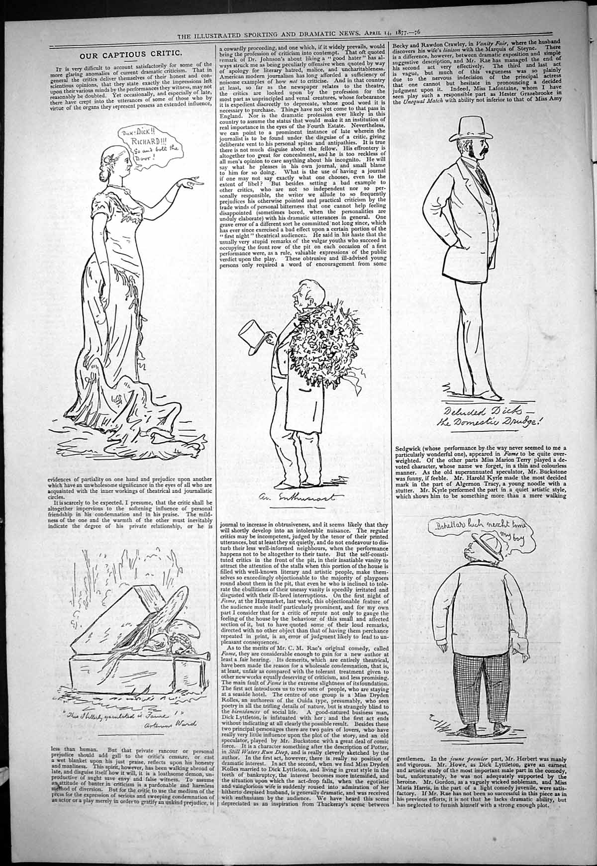 Antique Old Print 1877 Captious Critic Romance Flowers Richard Dick Theatre