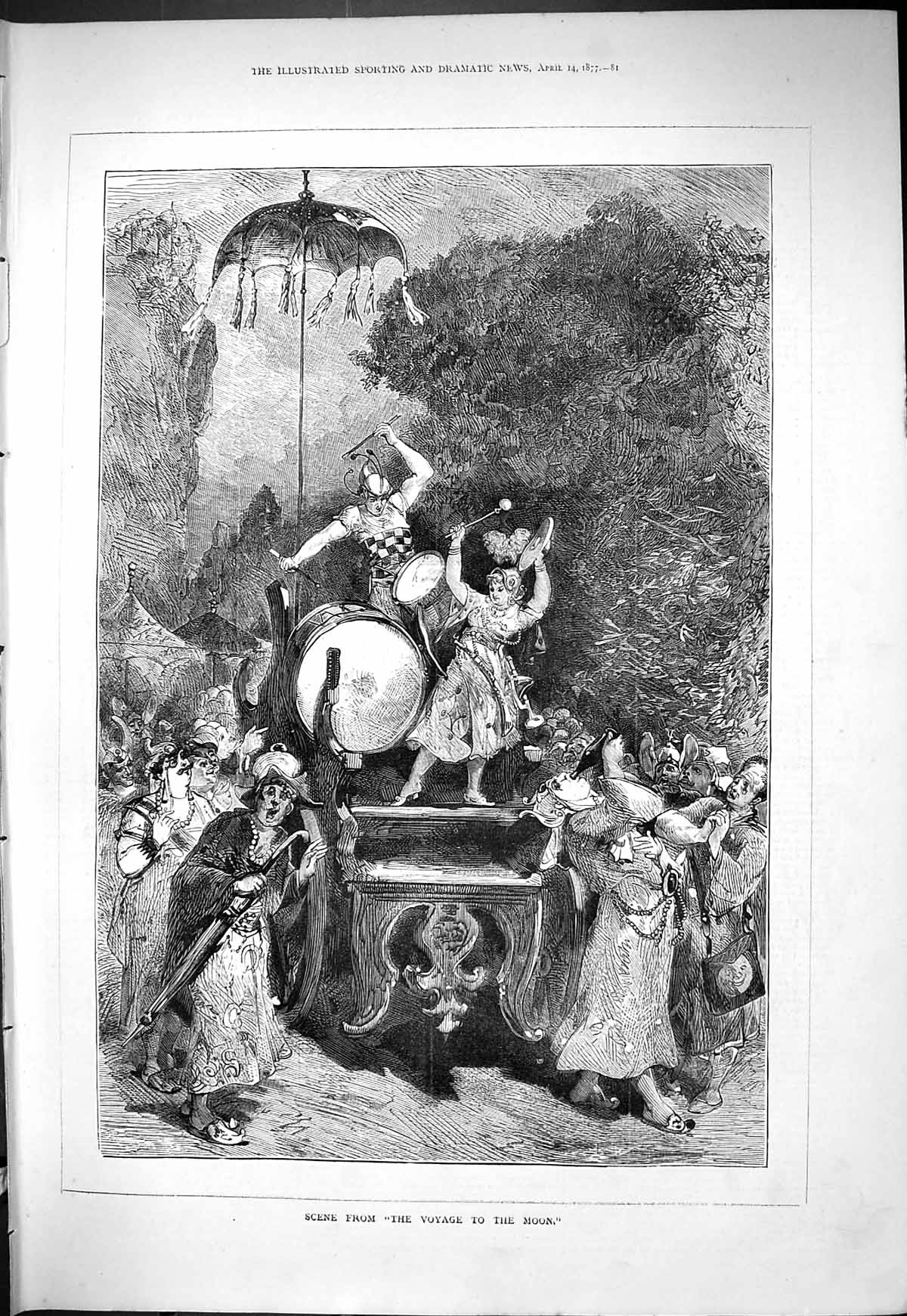 Original Old Antique Print 1877 Scene Voyage To The Moon Theatre Actors 19th