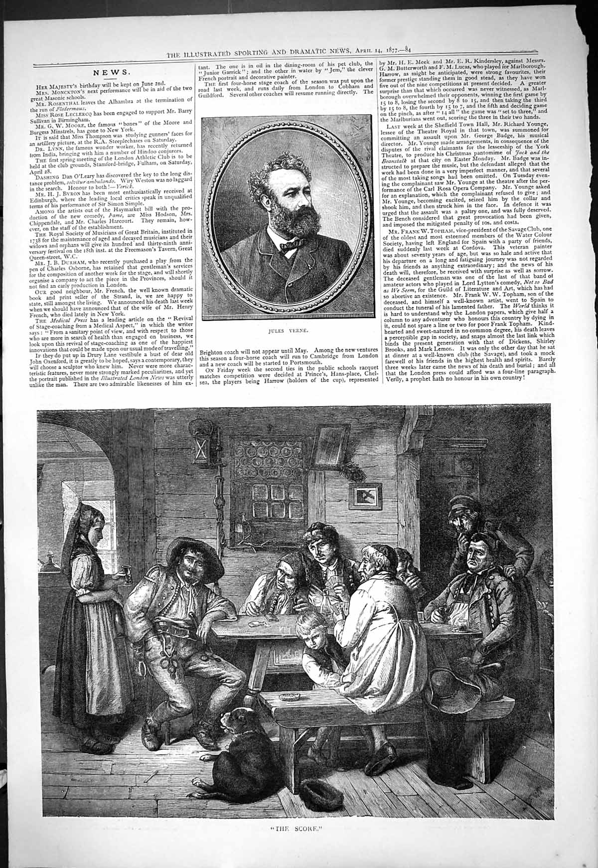 Antique Old Print 1877 Portrait Jules Verne Score Public House Men Drinking