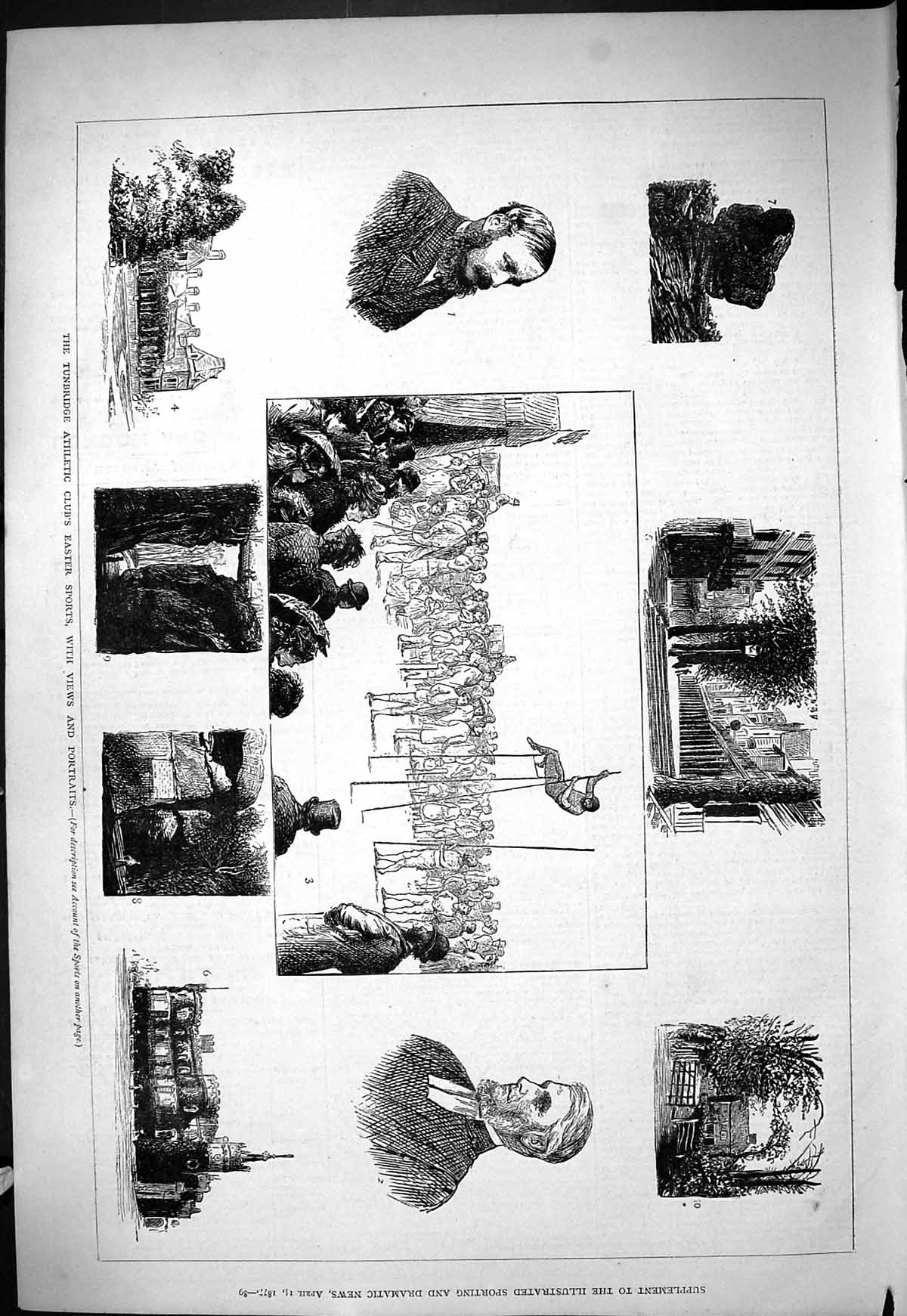 Original Old Antique Print Tunbridge Athletic Club Easter Sport Men Stilts 1877
