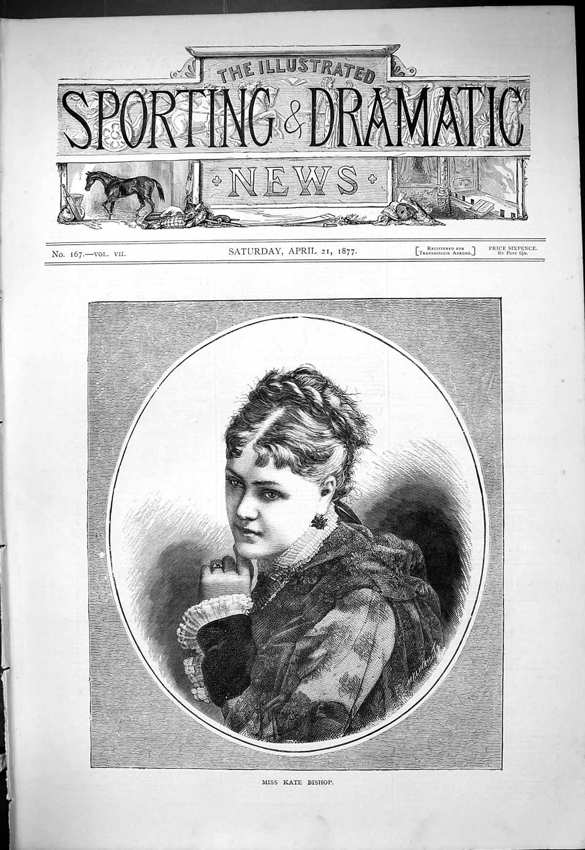 Original Old Antique Print Portrait Miss Kate Bishop Beautiful Woman 1877 19th