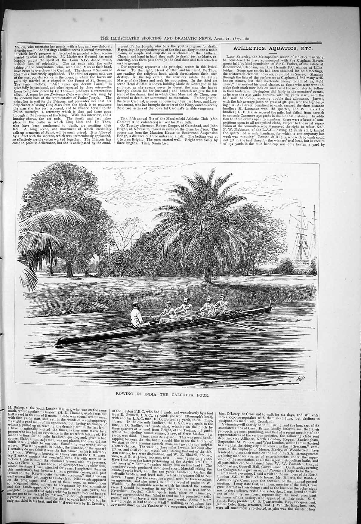 Original Old Antique Print 1877 Rowing Boats India Calcutta Four Sport 19th