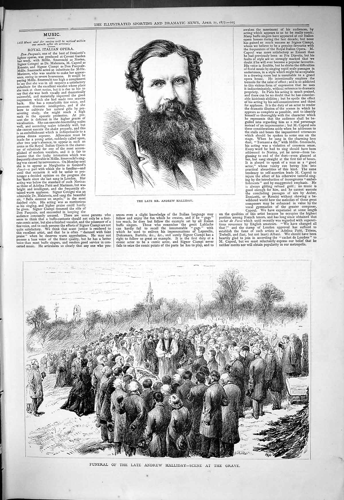 Original Old Antique Print 1877 Portrait Andrew Halliday Funeral Scene Grave
