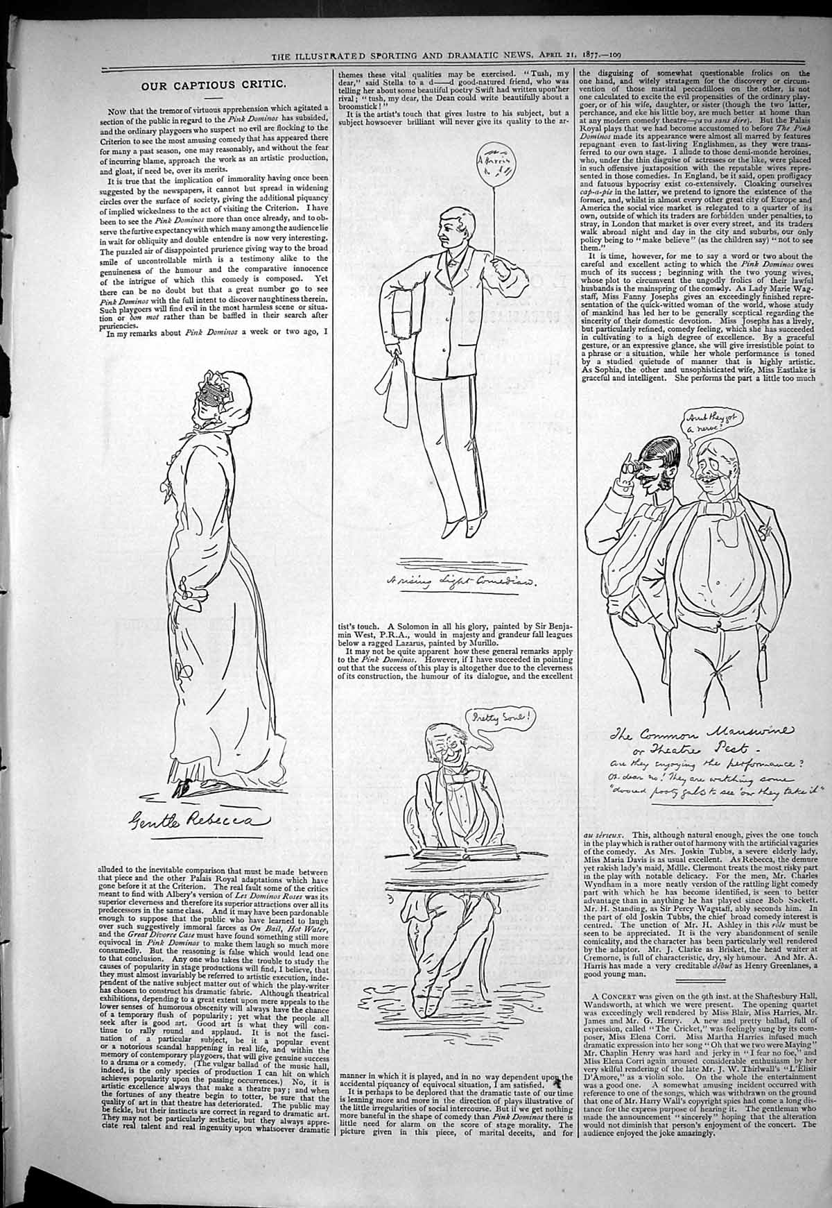 Original Old Antique Print 1877 Captious Critic Theatre Rebecca 19th