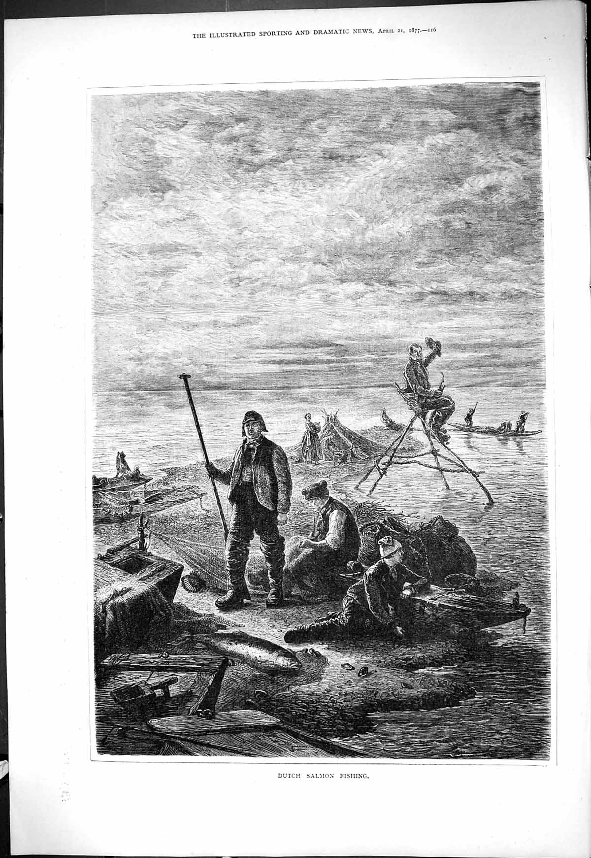 Original Old Antique Print 1877 Dutch Salmon Fishing Men Fishermen Sport 19th