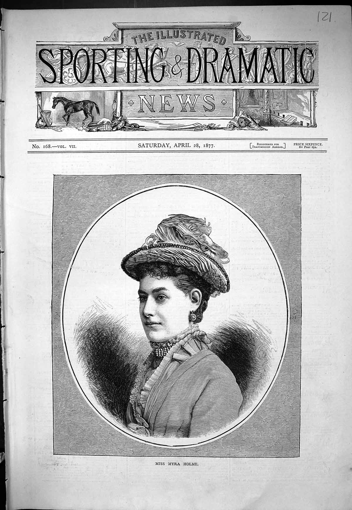 Original Old Antique Print 1877 Portrait Beautiful Woman Miss Myra Holme 19th