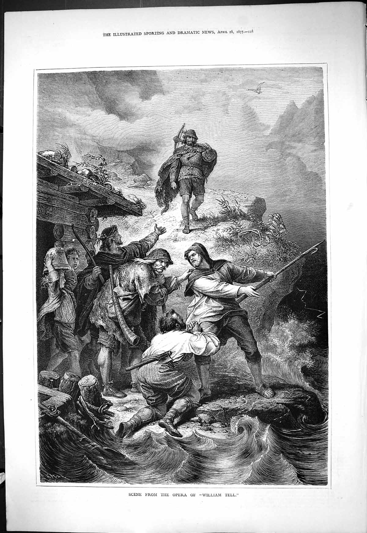 Old Antique Print 1877 Scene Opera Theatre William Tell Man Begging Life 19th