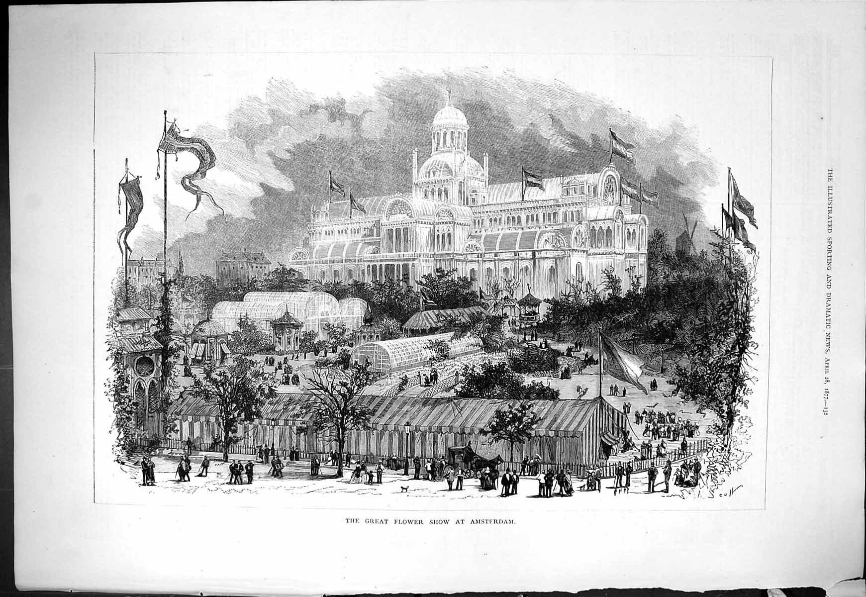 Original Old Antique Print 1877 Great Flower Show Amsterdam Holland Victorian