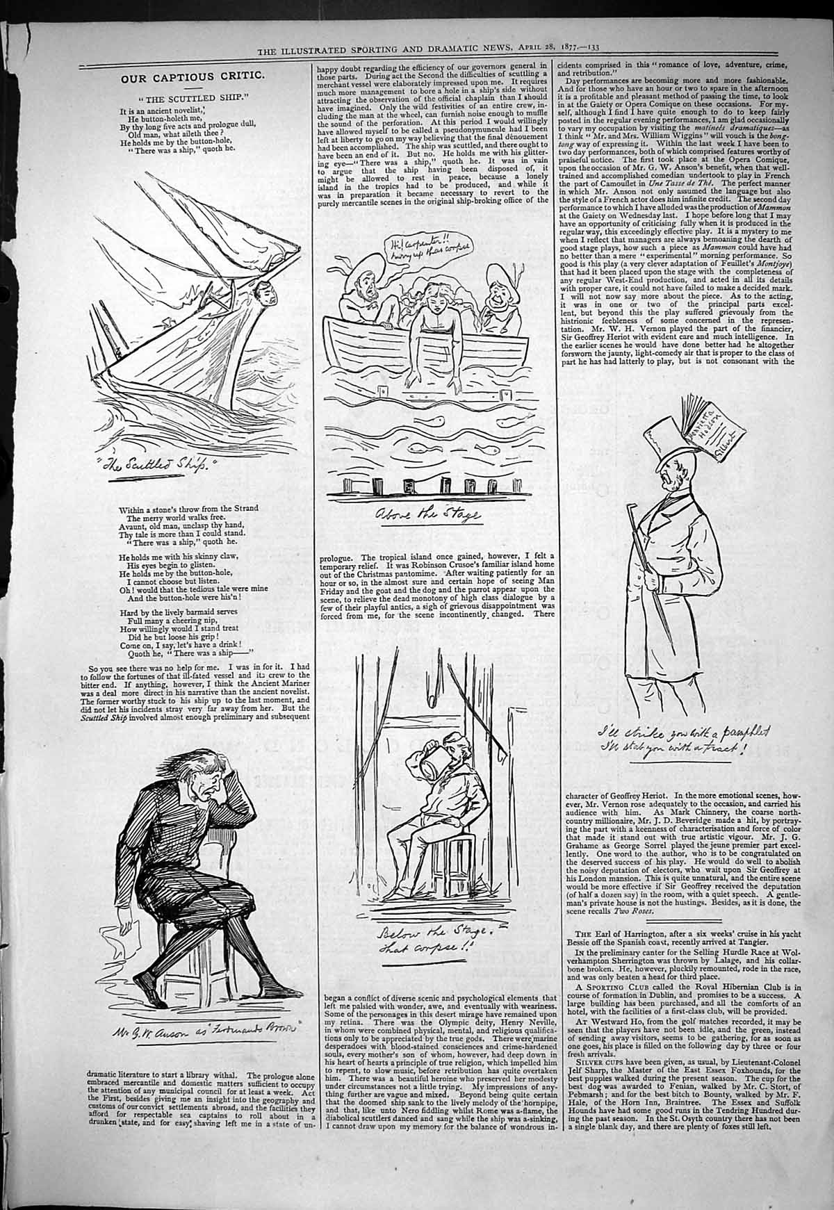 Original Old Antique Print 1877 Captious Critic Theatre Scuttled Ship Anson