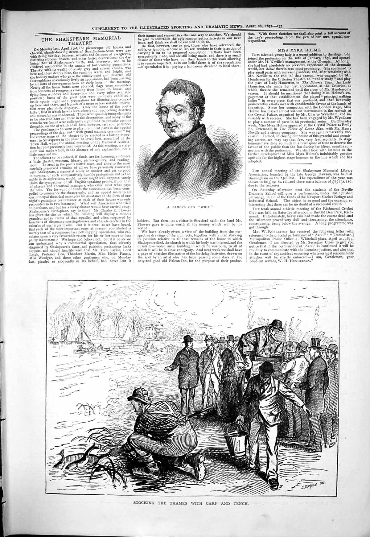 Antique Print 1877 Portrait Famous Whip Fishing Stocking River Thames Carp 19th