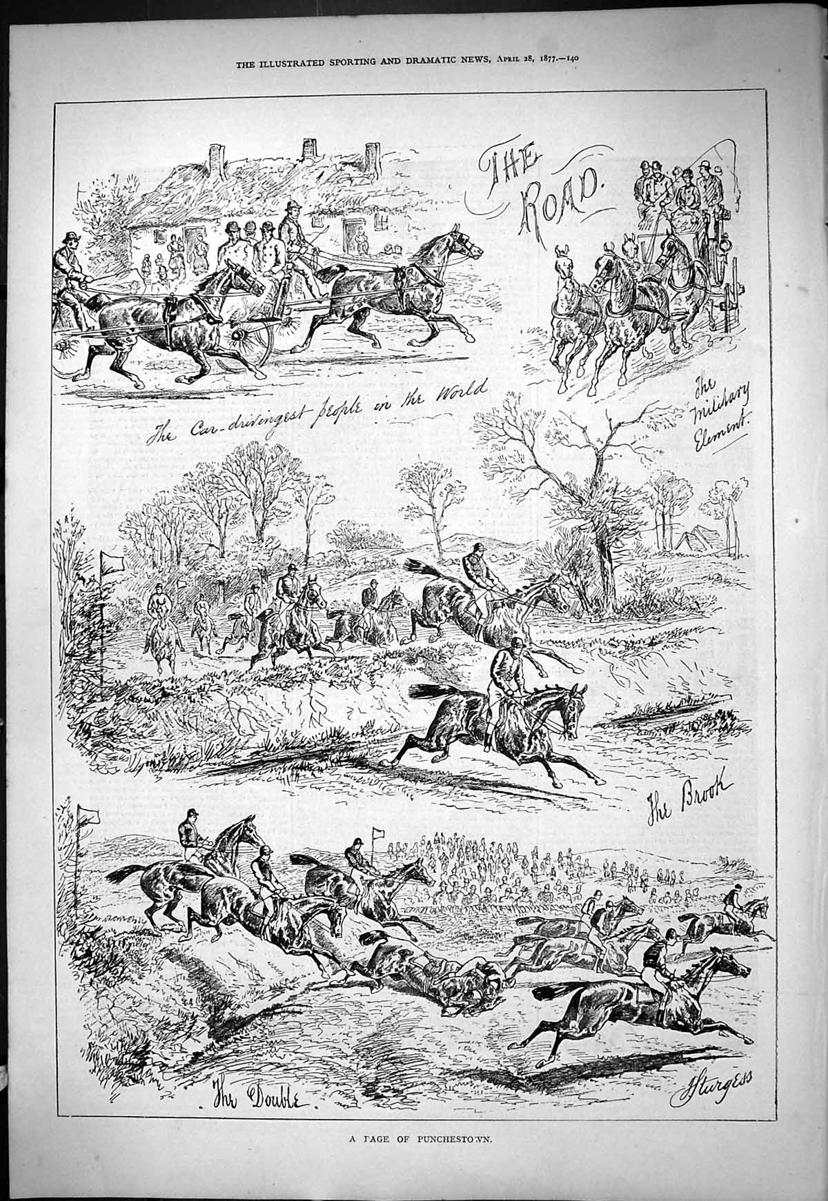 Original Old Antique Print 1877 Punchestown Horse Racing Sport Jumping Brook