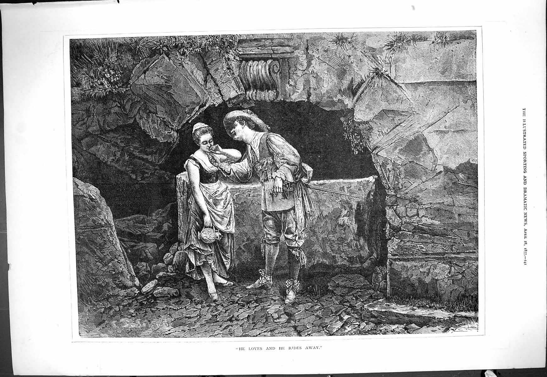 Original Old Antique Print 1877 Man Lady Romance Scene Loves Rides Away 19th