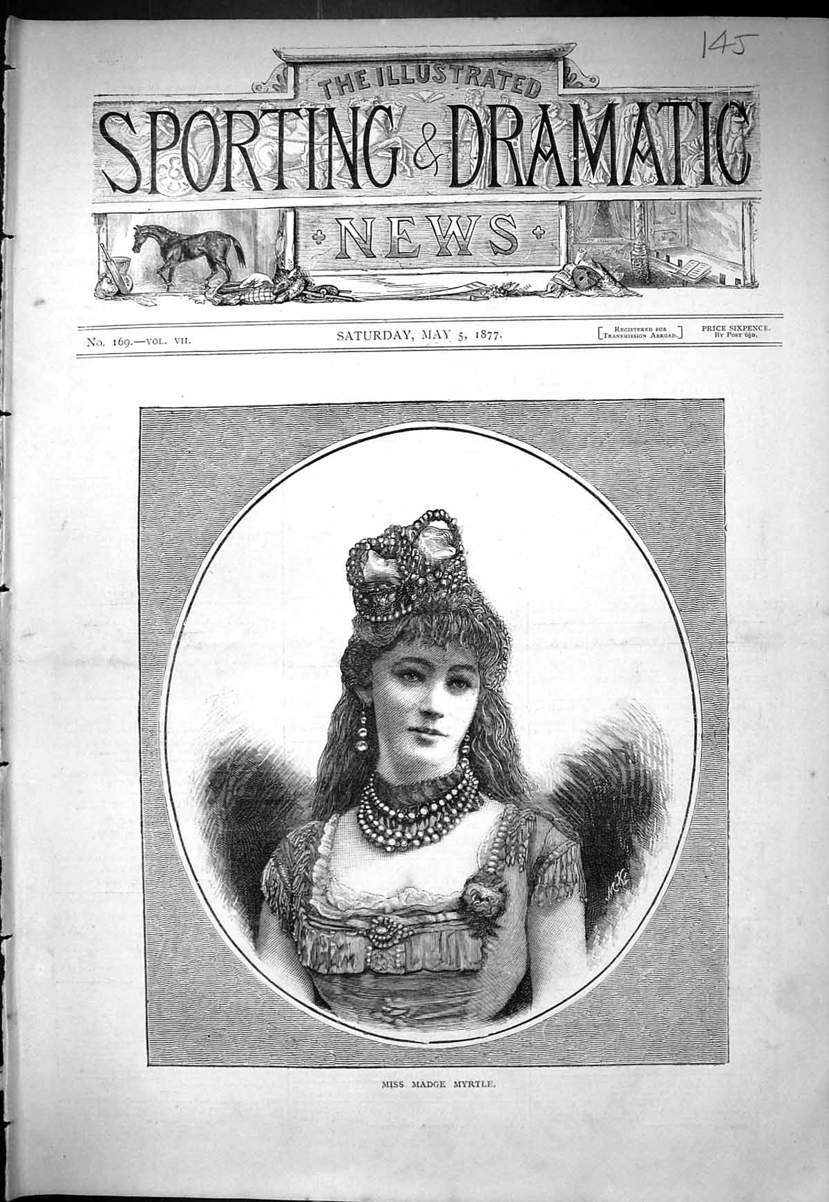 Original Old Antique Print Portrait Beautiful Woman Miss Madge Myrtle 1877 19th