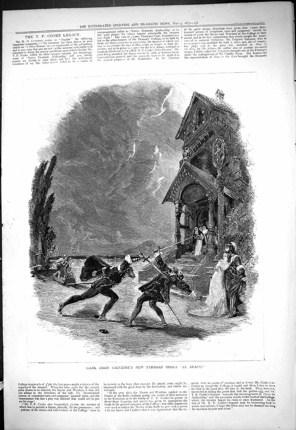 Old 1877 Scene Salvayre'S Parisian Opera Le Bravo Theatre Duel Swords Victorian