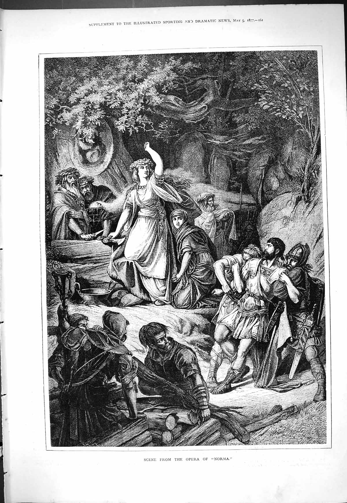 Original Old Antique Print 1877 Scene Operaa Theatre Norma Actors Victorian