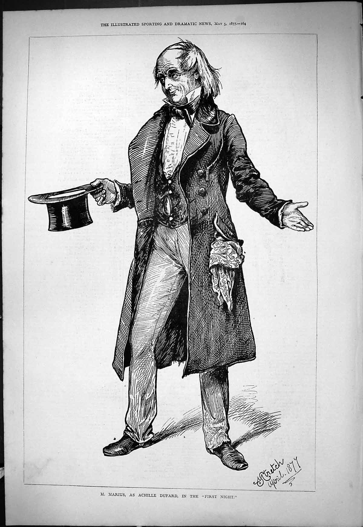 Old Antique Print 1877 Portrait Marius Achille Dufard First Night Theatre 19th