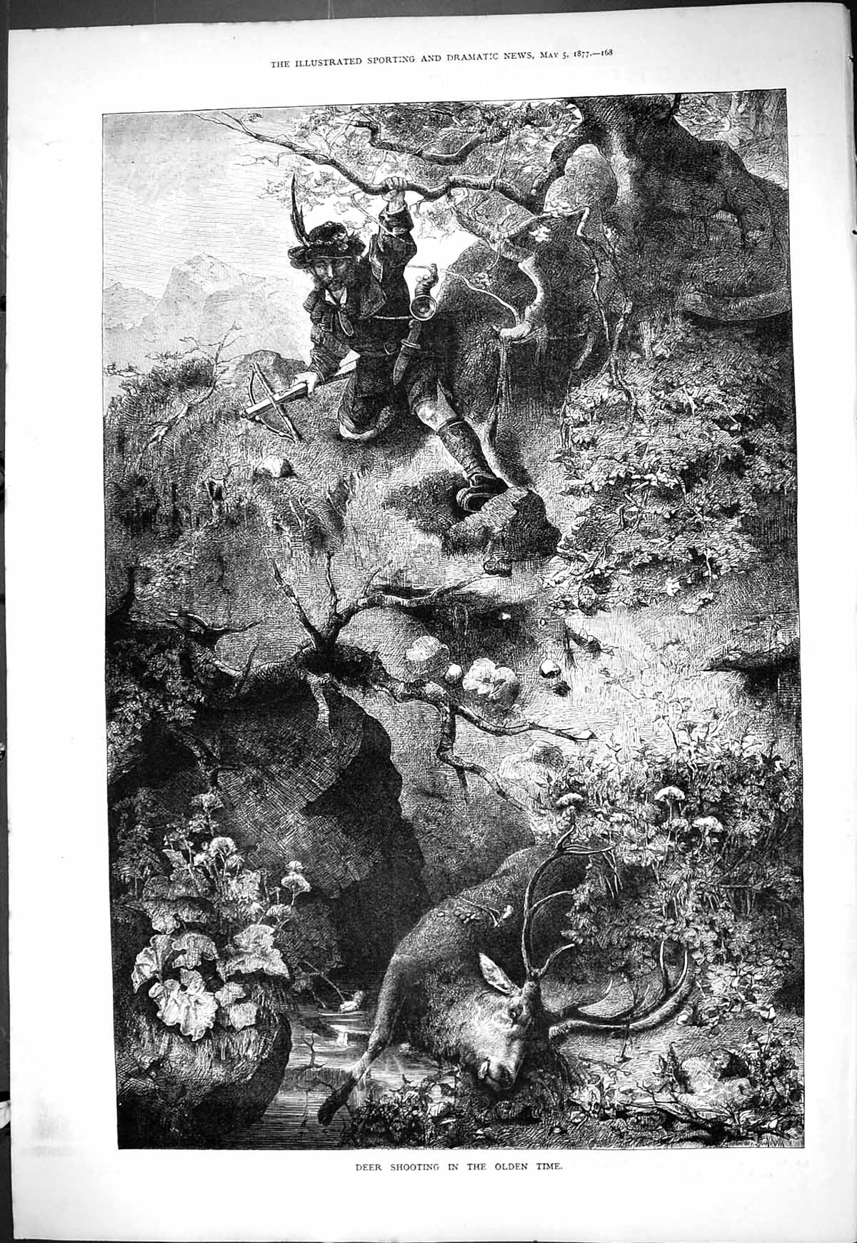 Original Old Antique Print 1877 Deer Shooting Hunting en Times Man Cross Bow