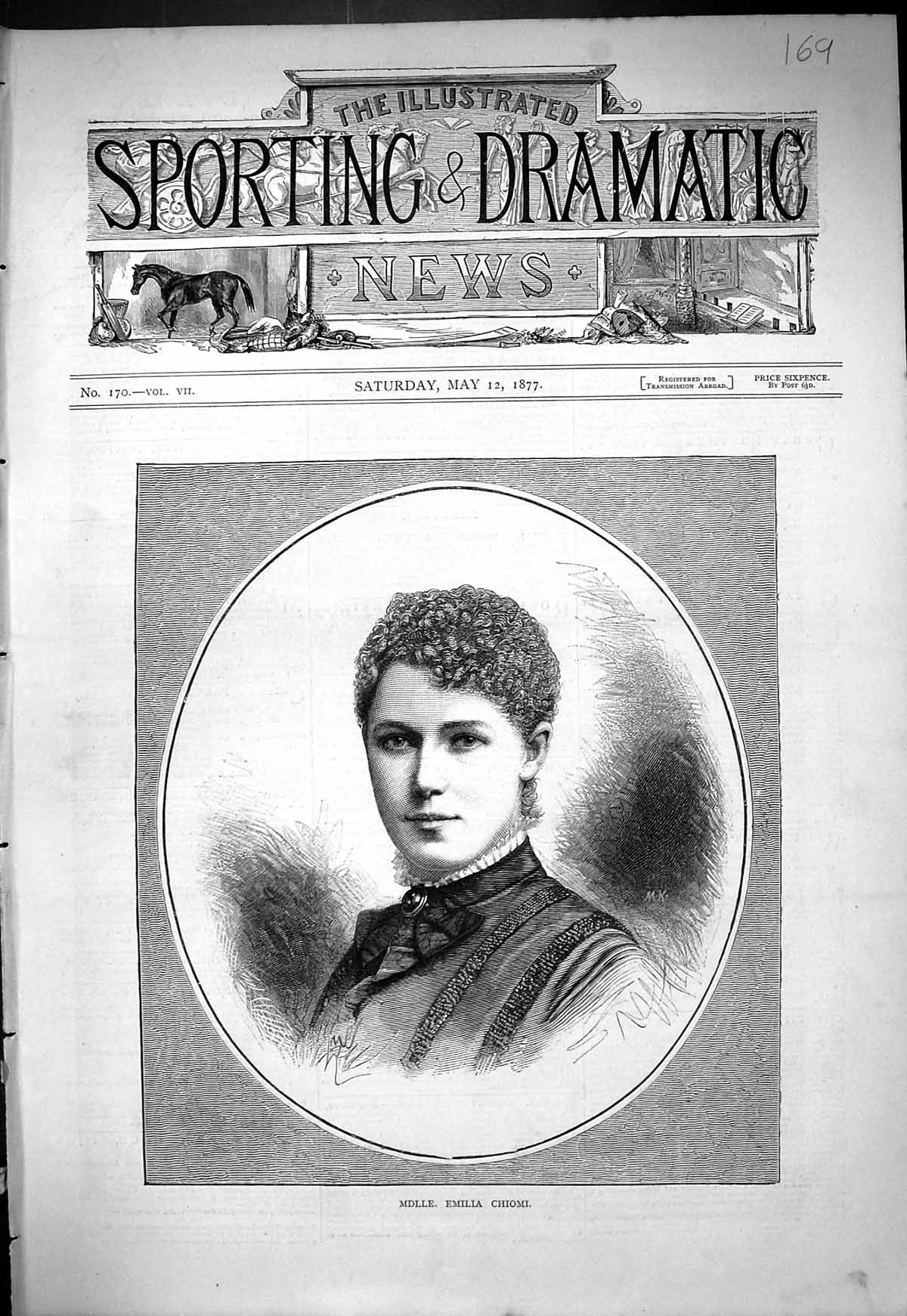 Original Old Antique Print 1877 Portrait Beautiful Woman Mdlle. Emilia Chiomi