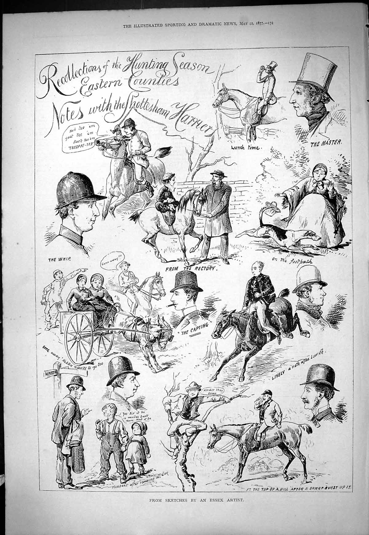 Original Old Antique Print 1877 Hunting Shottesham Harriers Whip Master Horses